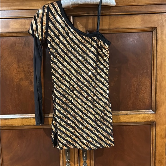 Black and Gold Striped One-Shoulder Dance costume or dress - Picture 1 of 14